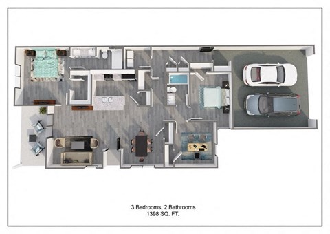 Floor plan for 3 beds, 2 baths, 1398 sqft